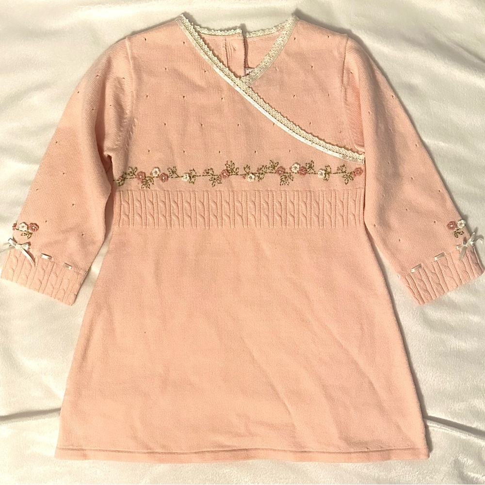 Vintage 2003 Gymboree FOX TROT Pink Sweater Dress 18-24M Floral Appliqué